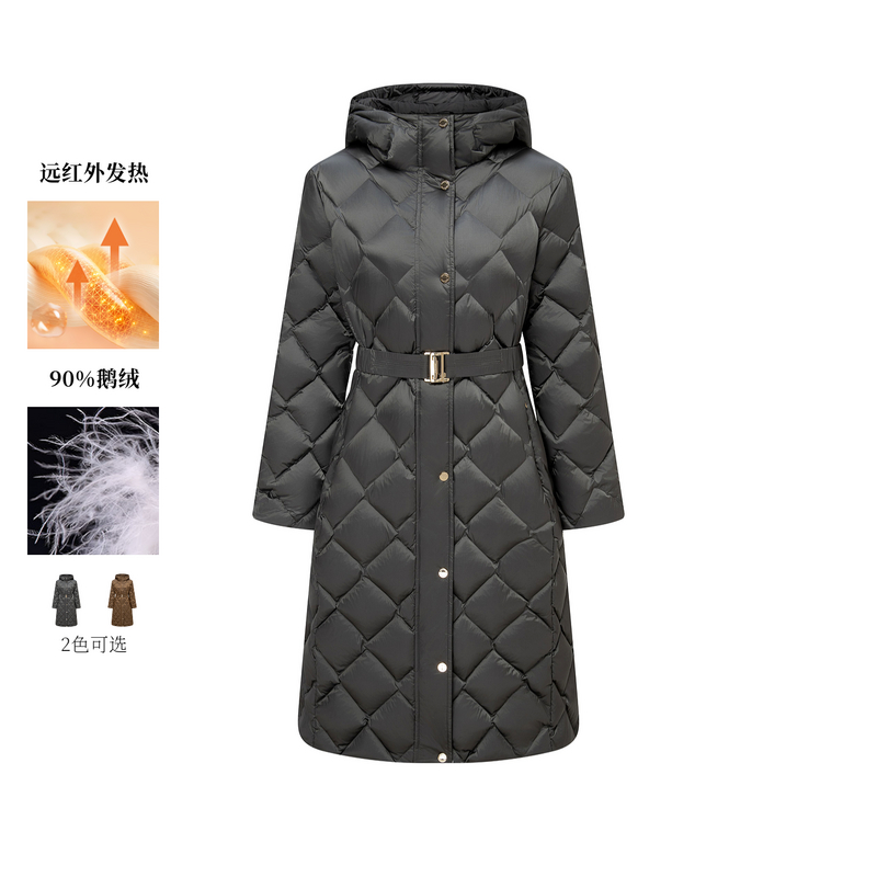 Scofield长款菱格绗缝连帽羽绒服金属扣腰带2025冬新品SFJDF4V020