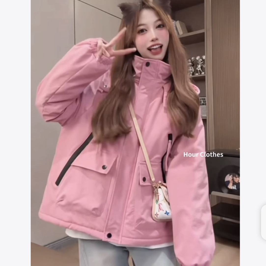 加绒加厚冲锋衣外套女2025冬装新款韩版宽松显瘦棉衣连帽休闲棉服