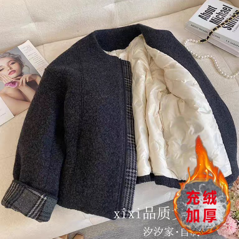 【当天发+运费险】灰色充绒小香风外套时尚保暖高级感拉链款Q255