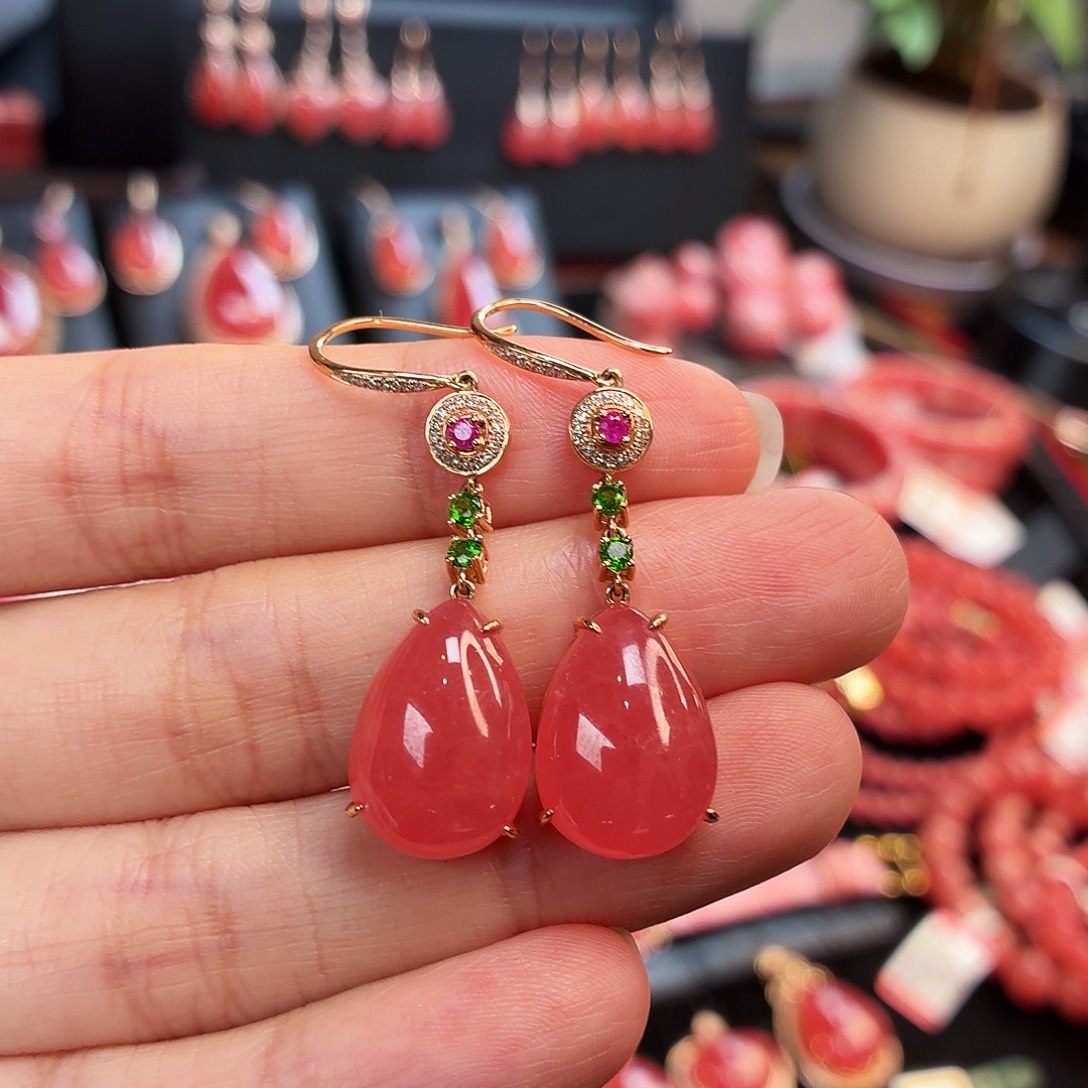 菱锰矿（红纹石）18K金镶嵌耳坠