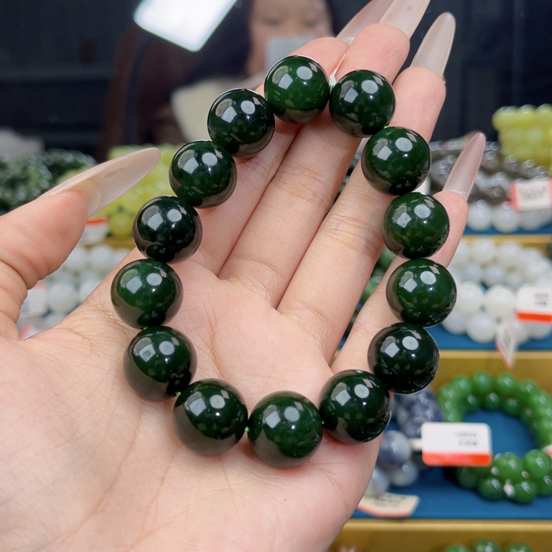 和田玉未镶嵌手链天然和田玉俄碧7号红皮菠菜绿手串16