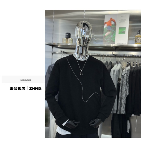 2025嵌线装饰几何耐磨秋季圆领卫衣设计师套头纯色男士4068