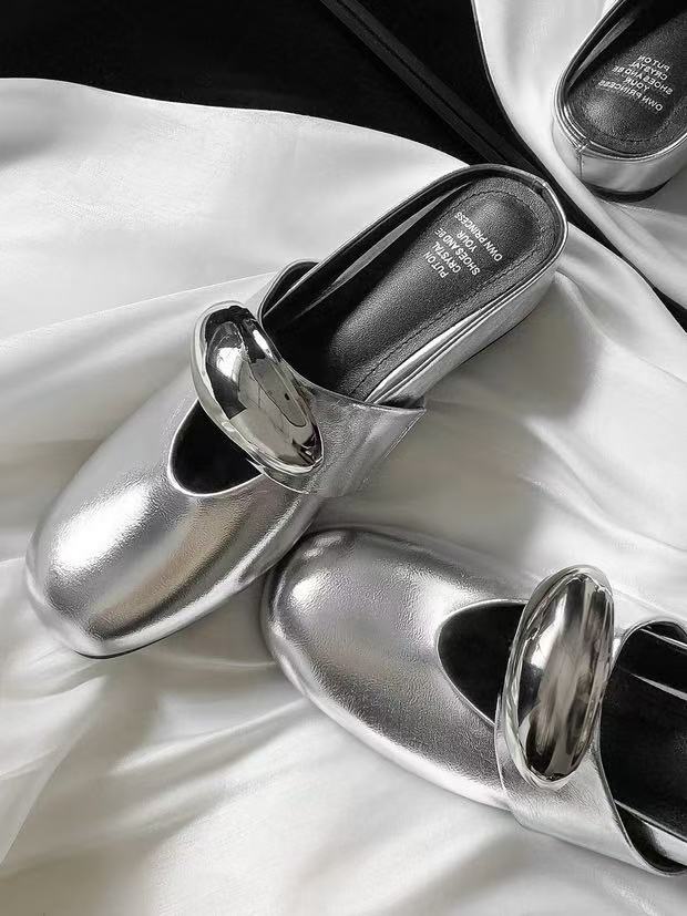 真皮银色包头半拖鞋中跟穆勒拖内增凉拖鞋MK719