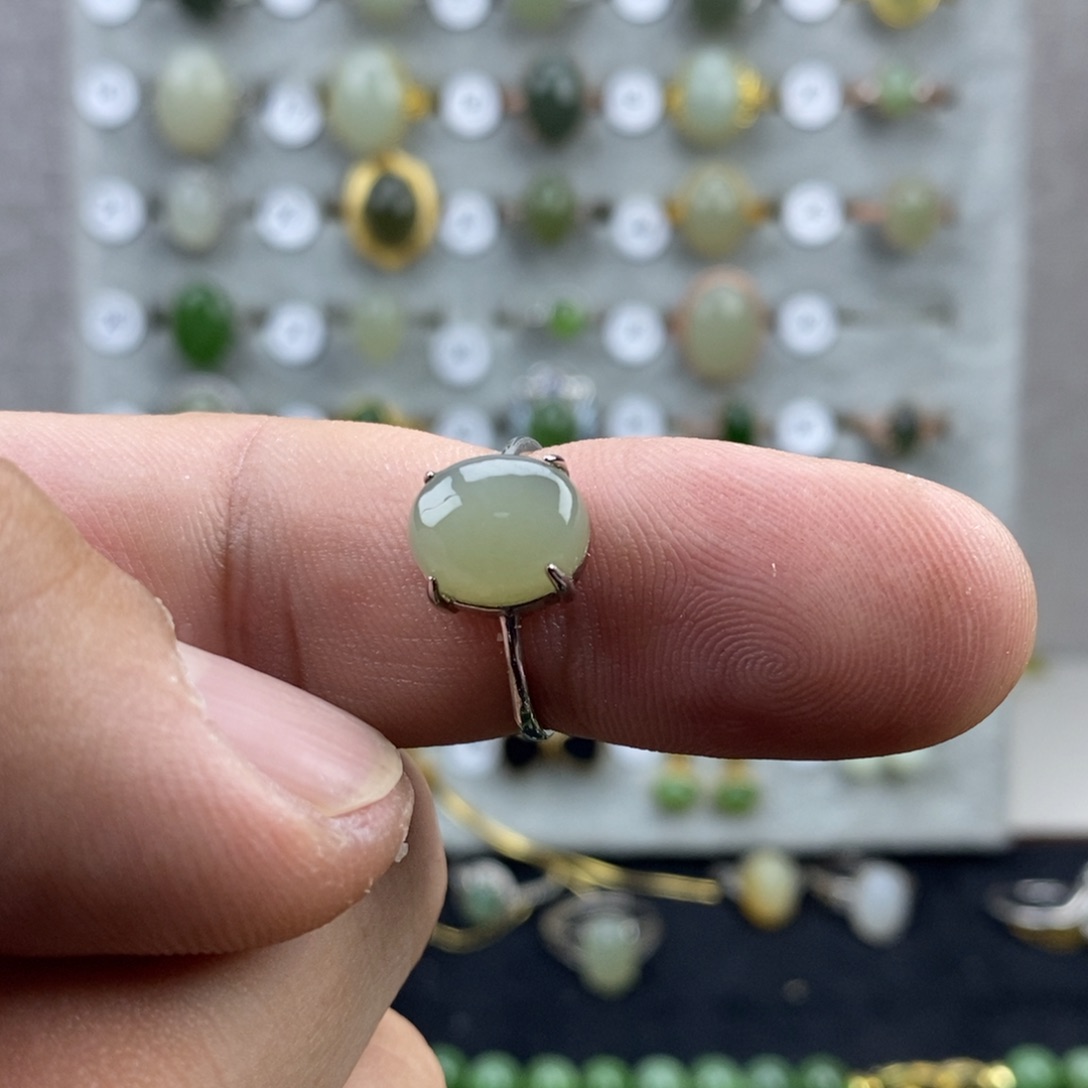 『***』和田玉（青白玉）银S925镀金镶嵌戒指