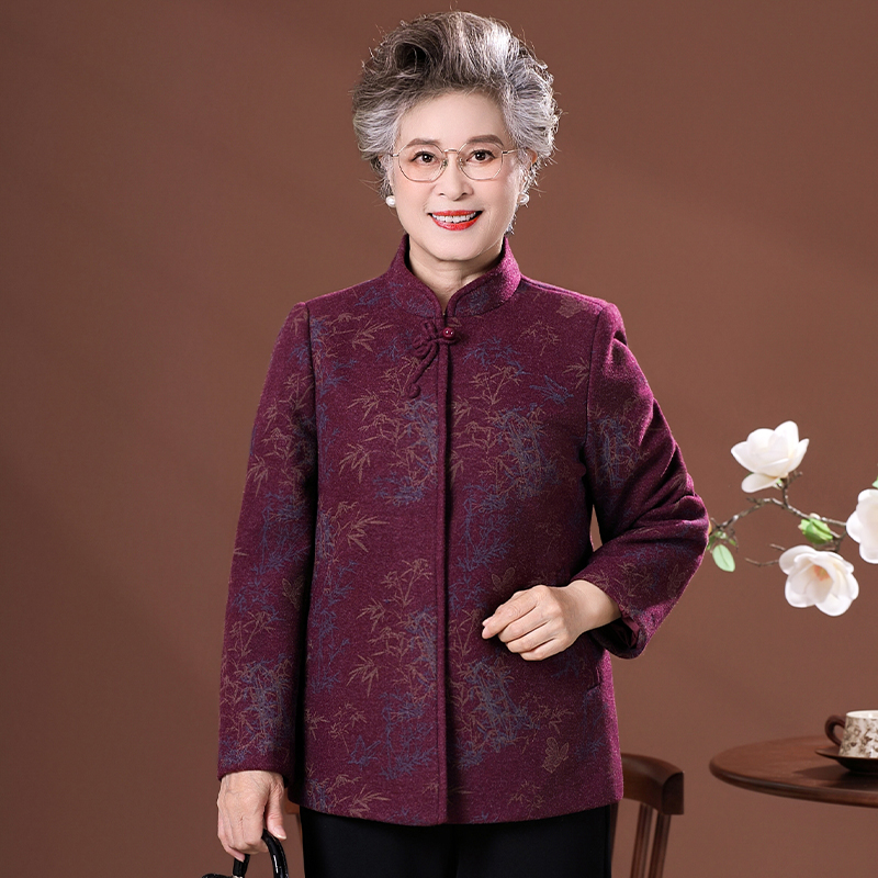 中老年妈妈秋冬装喜婆婆中式毛呢外套女老人奶奶太太秋季呢子衣服