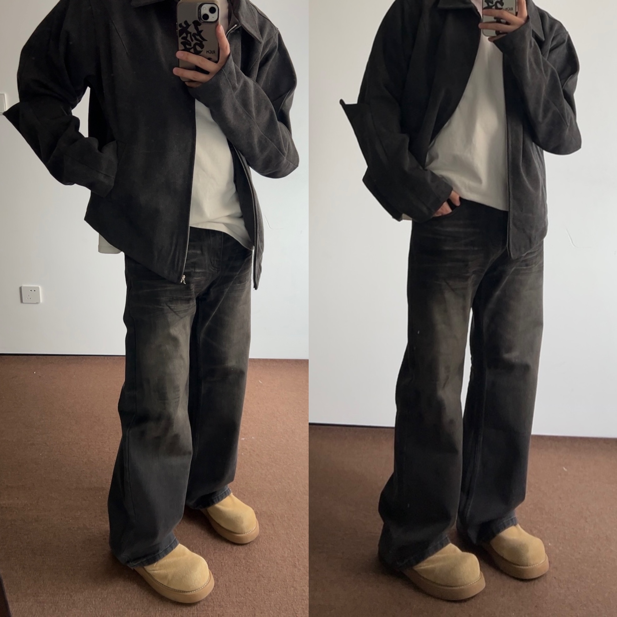 新款 "2021M"涂鸦擦色做旧黑牛猫须直筒牛仔裤