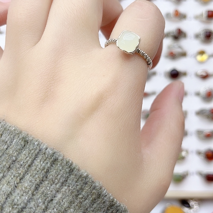 和田玉戒指银S925镶嵌天然