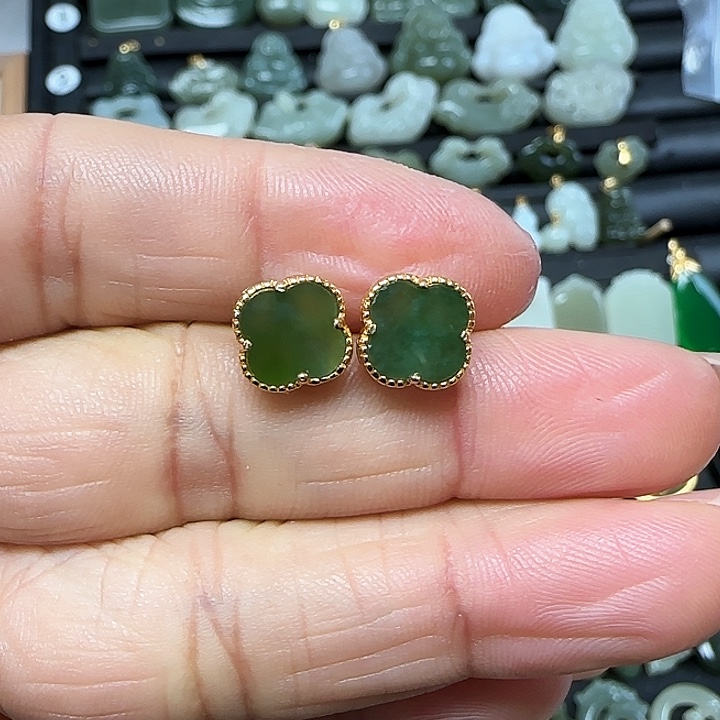 和田玉耳钉银S925镶嵌