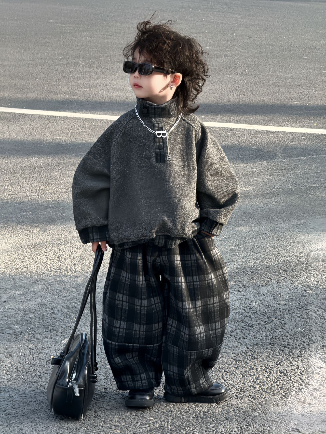 高品质加绒卫衣套装洋气酷帅韩潮童格子裤时尚深秋冬新款时髦潮