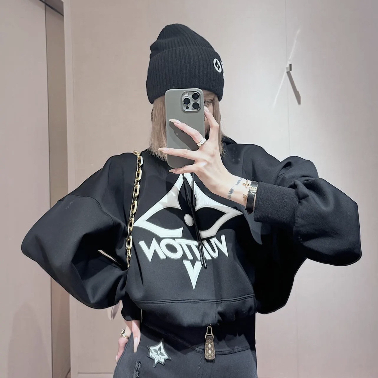 99新 LouisVuitton/路易威登 25FW黑色老花帽衫 xs码