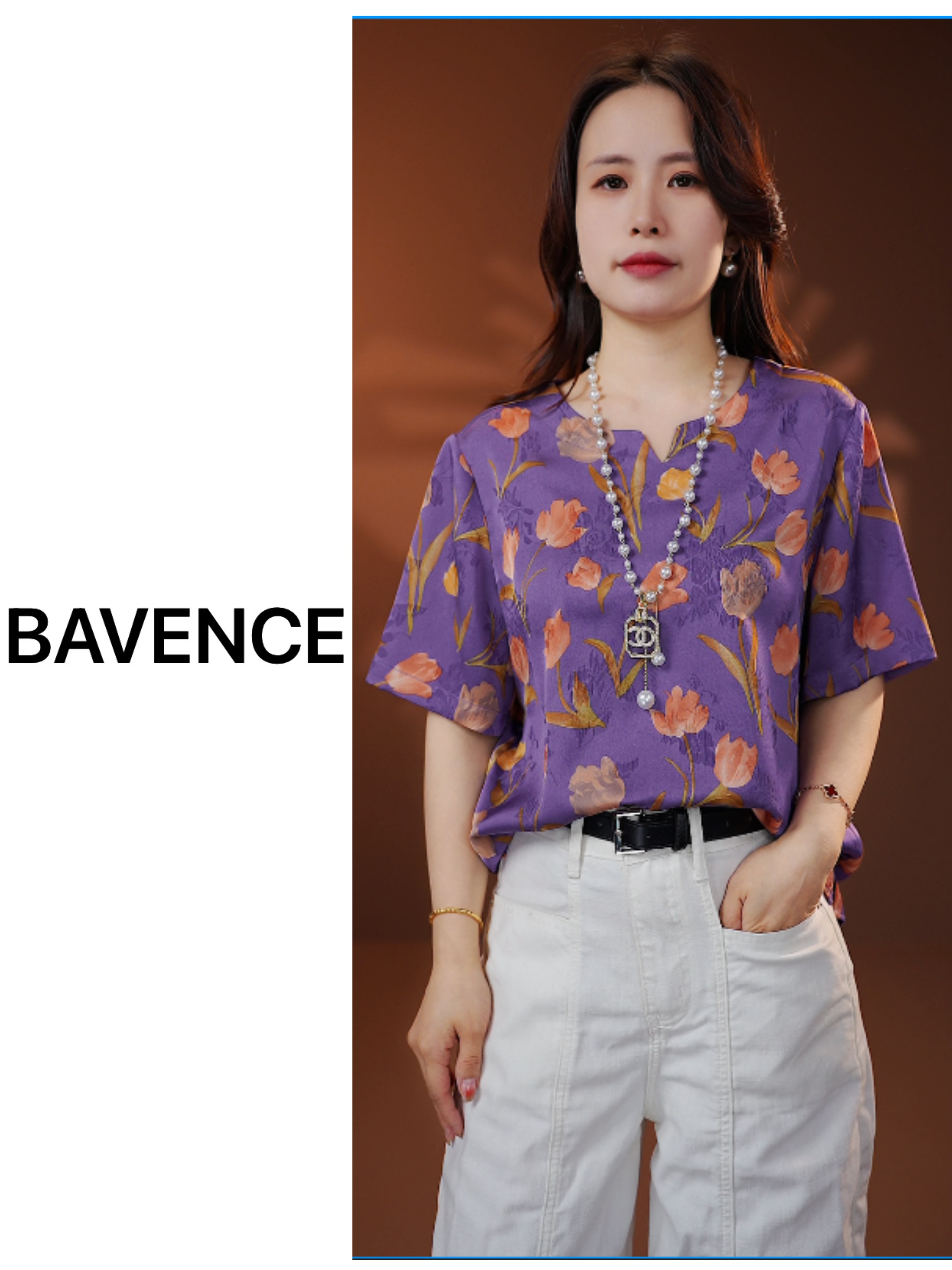 【BVC】2025T台走秀款紫色郁金香28姆米重工提花V领法式T恤 Q2502