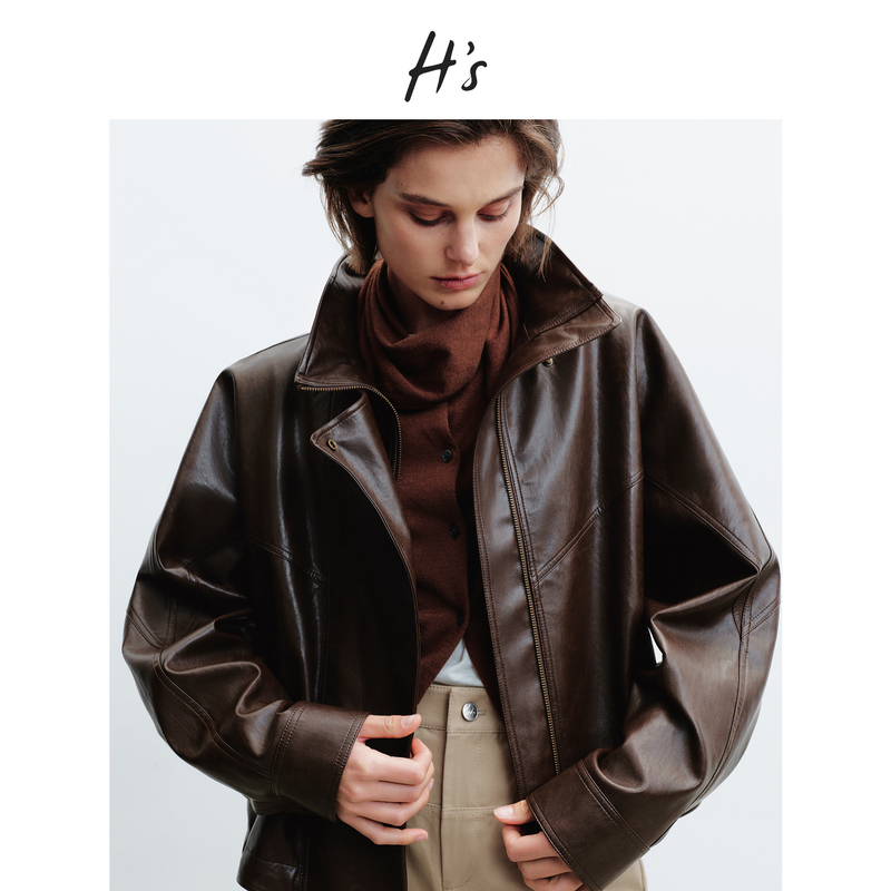 HS咖色立领短外套女26春季新款高级设计感PU仿皮大廓形抽绳皮衣