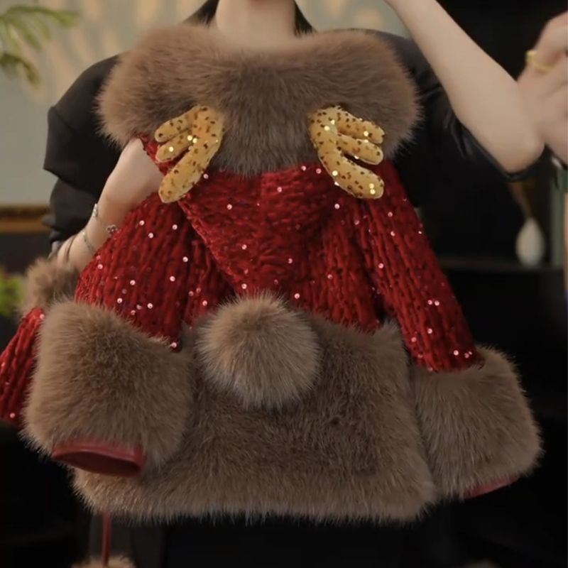 女童加绒加厚外套皮草儿童2024红色仿皮秋冬新款上衣冬装洋气大衣