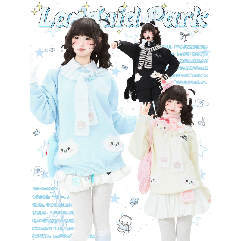 蓝鬼公园Languid Park 马海毛带围巾软糯小猫针织毛衣女秋季上衣