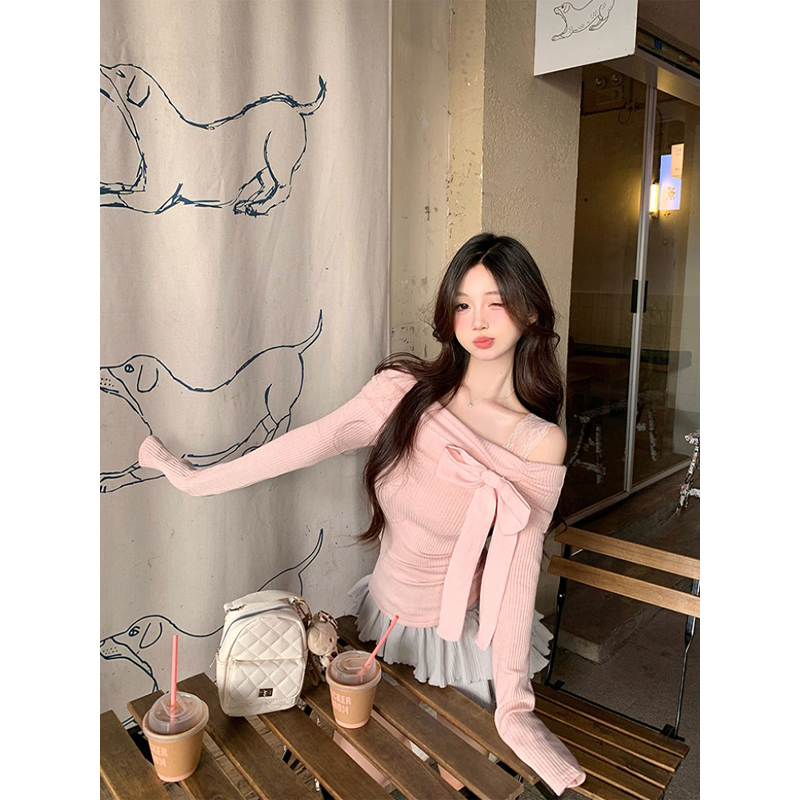 一字肩纯欲甜美粉色打底衫女2025秋季新款大码绝美蝴蝶结甜妹上衣