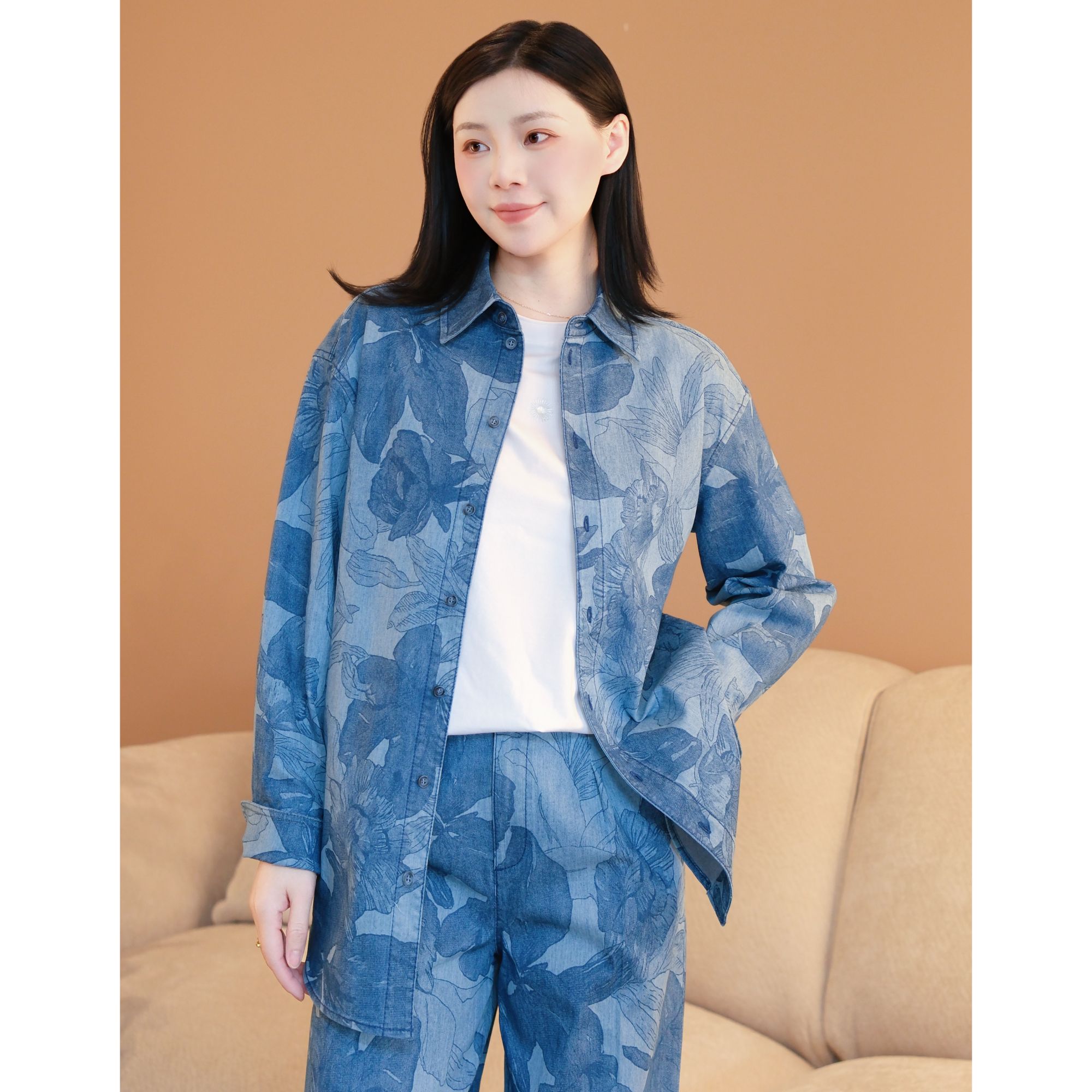 GIRDEAR/哥弟早春新款扎染印花休闲廓形中长款牛仔衬衫外套130082