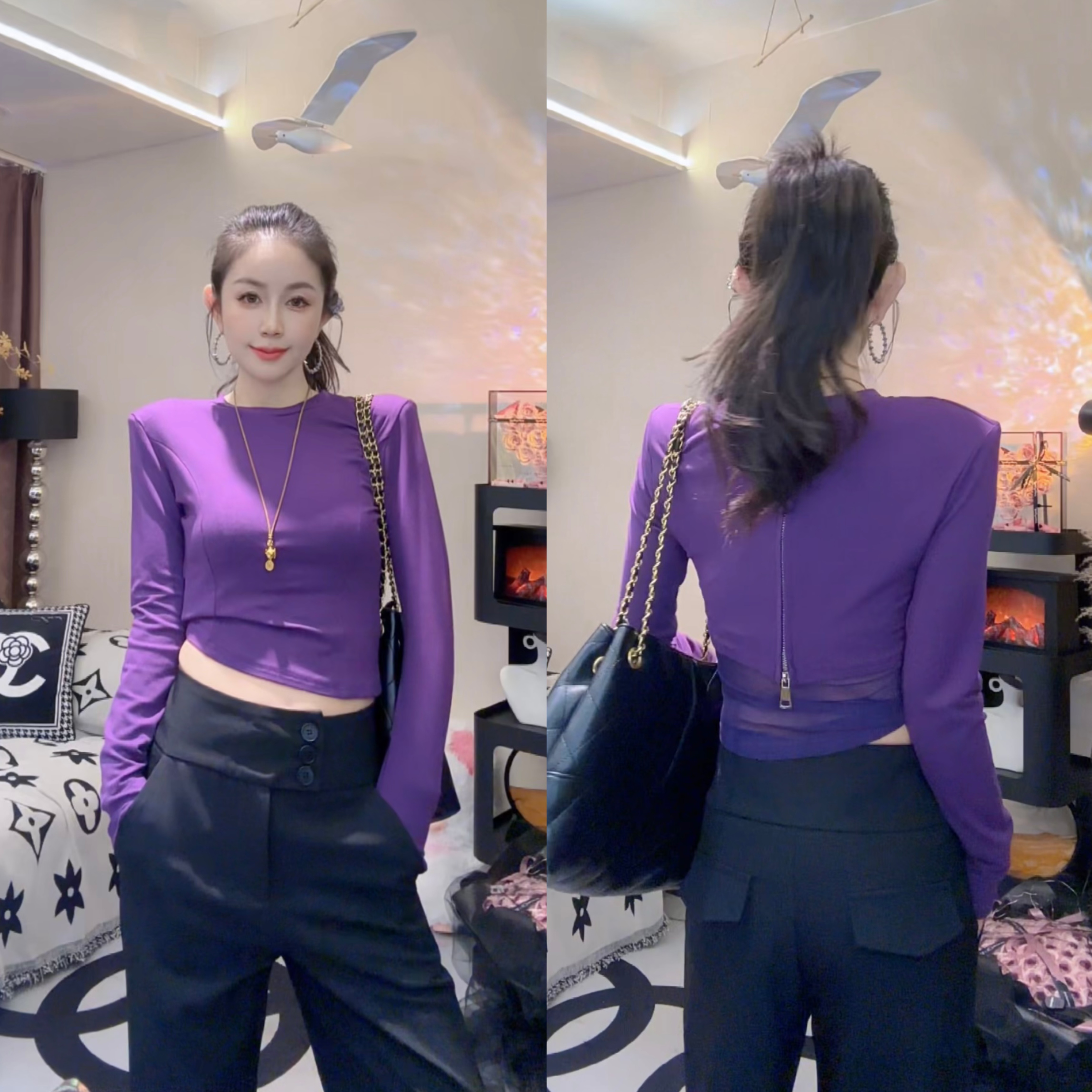 L.X~设计感露背长袖T恤女修身显瘦新款穿搭辣妹性感小众上衣6917