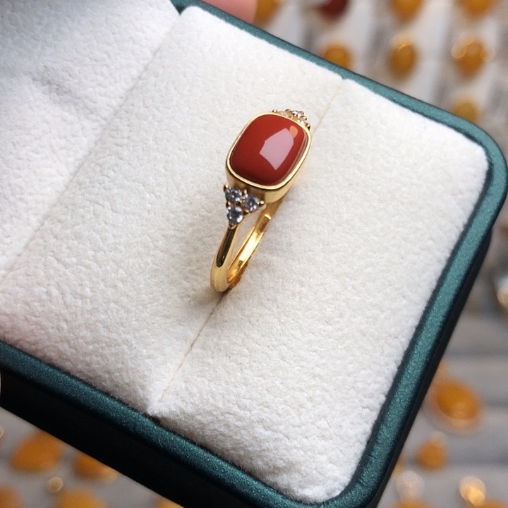 南红玛瑙银S925镀金镶嵌戒指