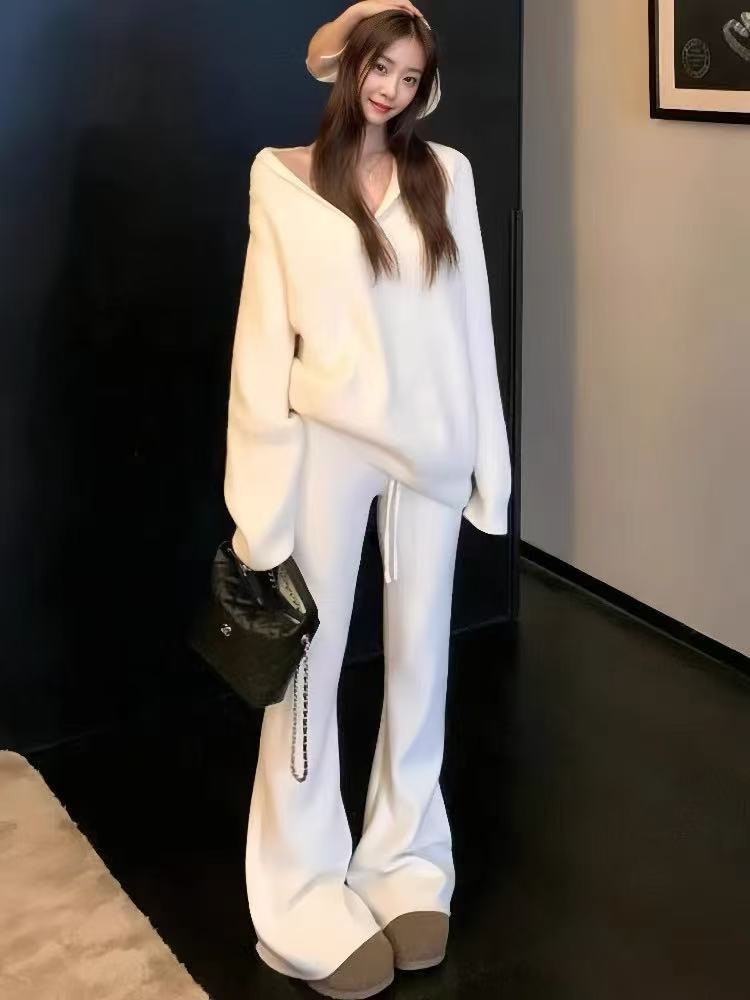 贵绫【绒光】慵懒风纯色V领长袖针织衫上衣宽松高腰休闲裤套装女