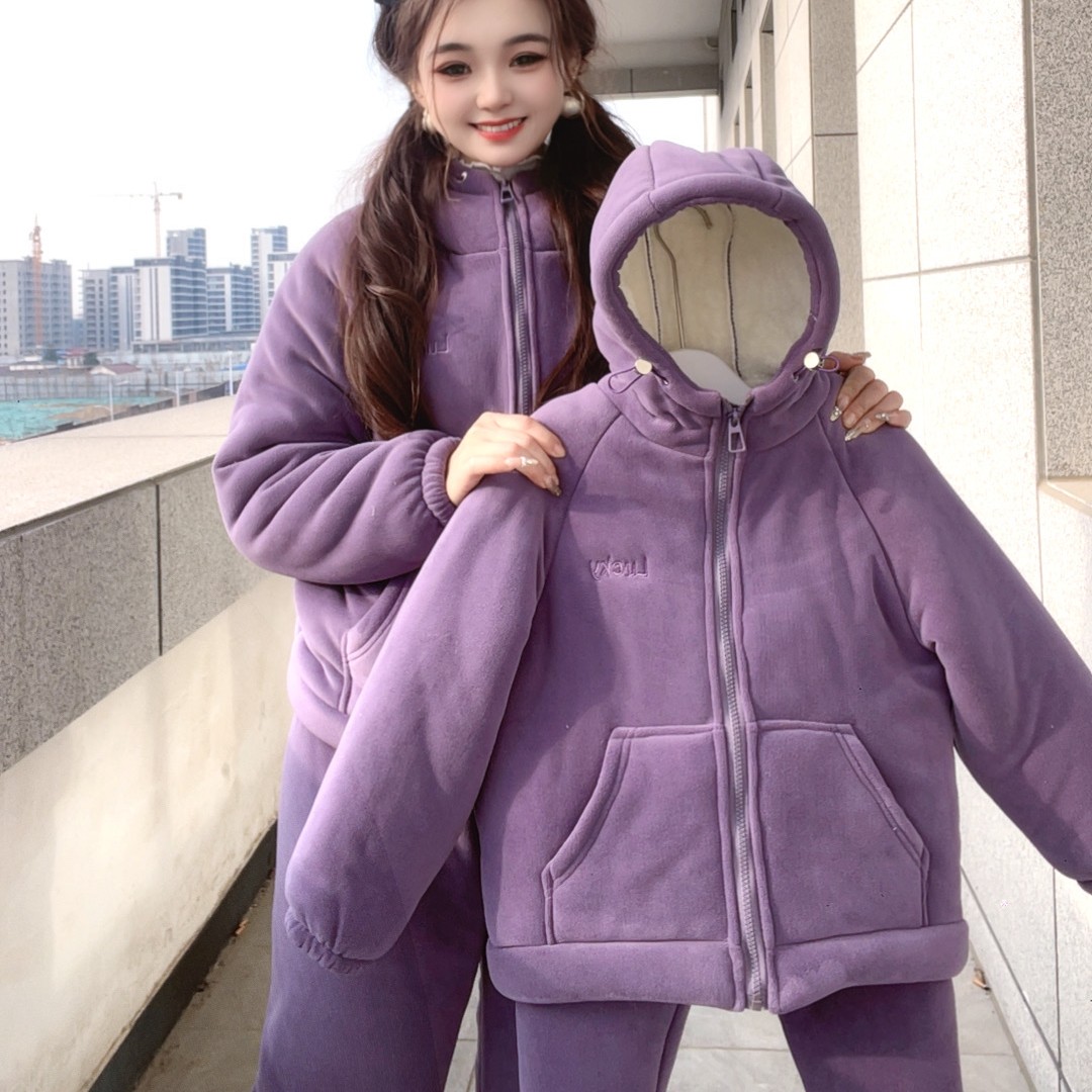 2025新款冬季三层加厚升级6代海豚绒连帽情侣家外两穿家居服套装