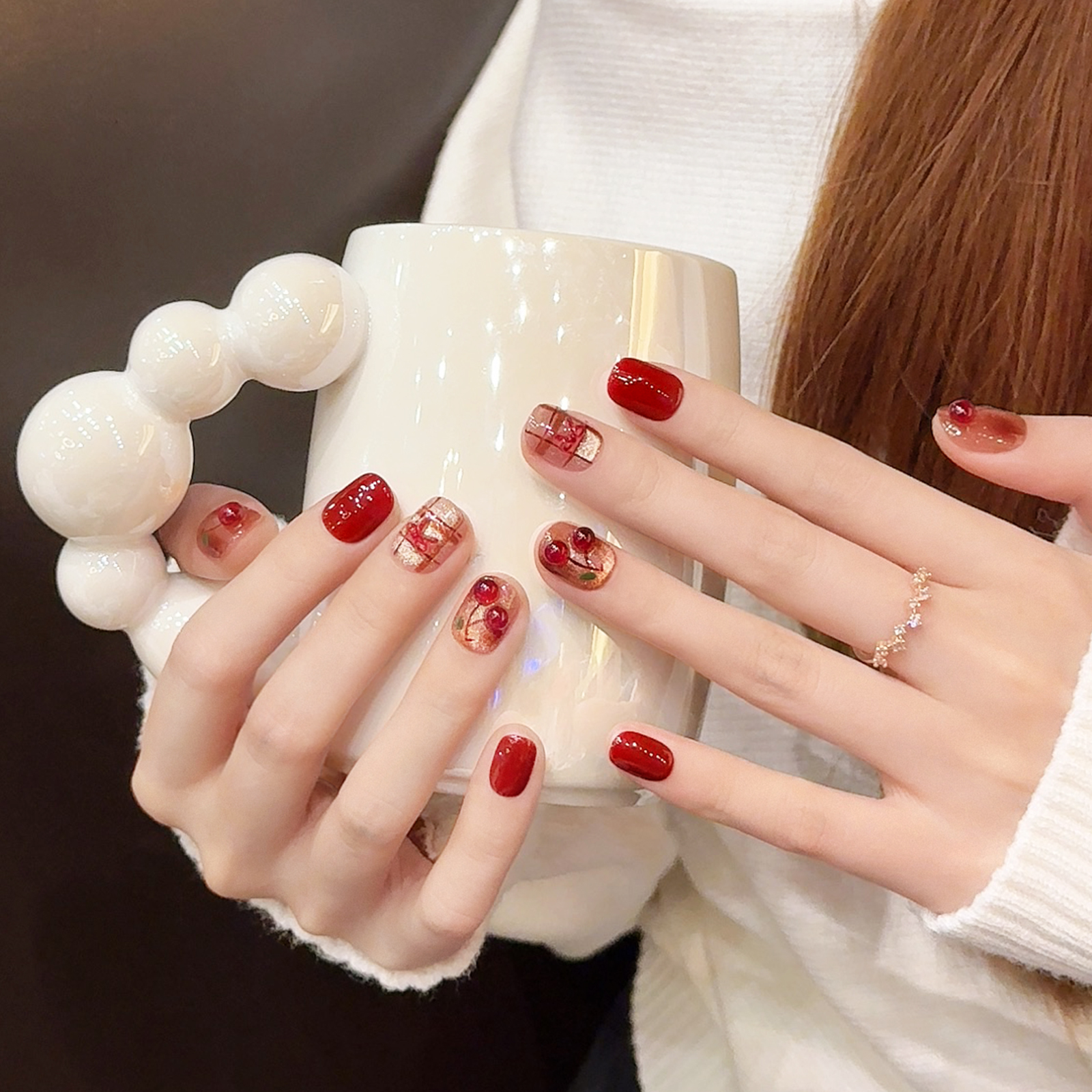 【微醺樱桃】红色立体猫眼穿戴甲短款琥珀晕染秋冬美甲纯手工指甲