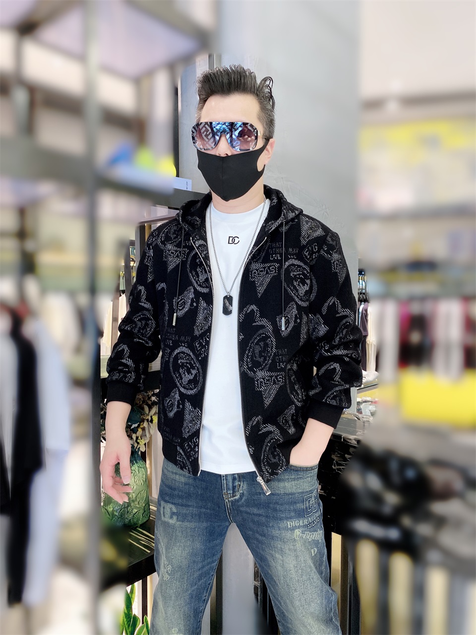 [陈先生]秋季休闲牛仔夹克秋冬潮流翻领时尚迷彩韩版男士大码印花
