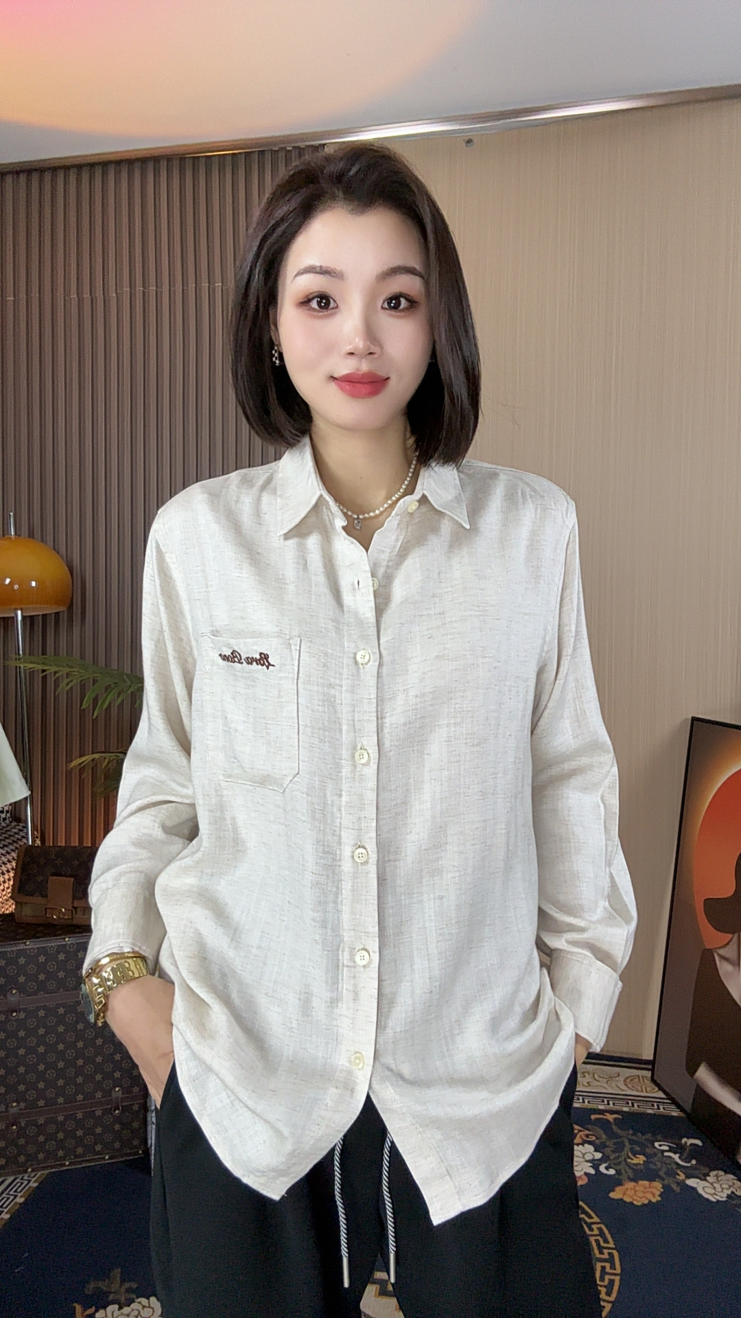 【K4069】英文刺绣亚麻衬衣潮牌高端重磅短袖男女同款设计款