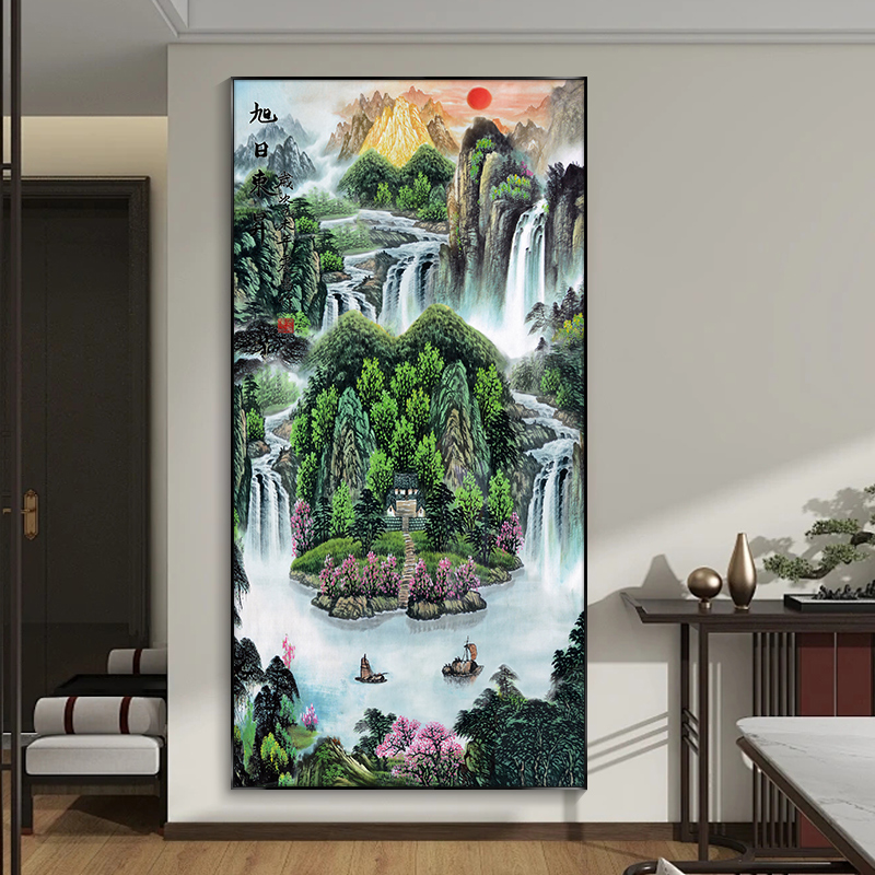 旭日东升玄关装饰画现代简约入户山水画轻奢书房办公背景墙高端画