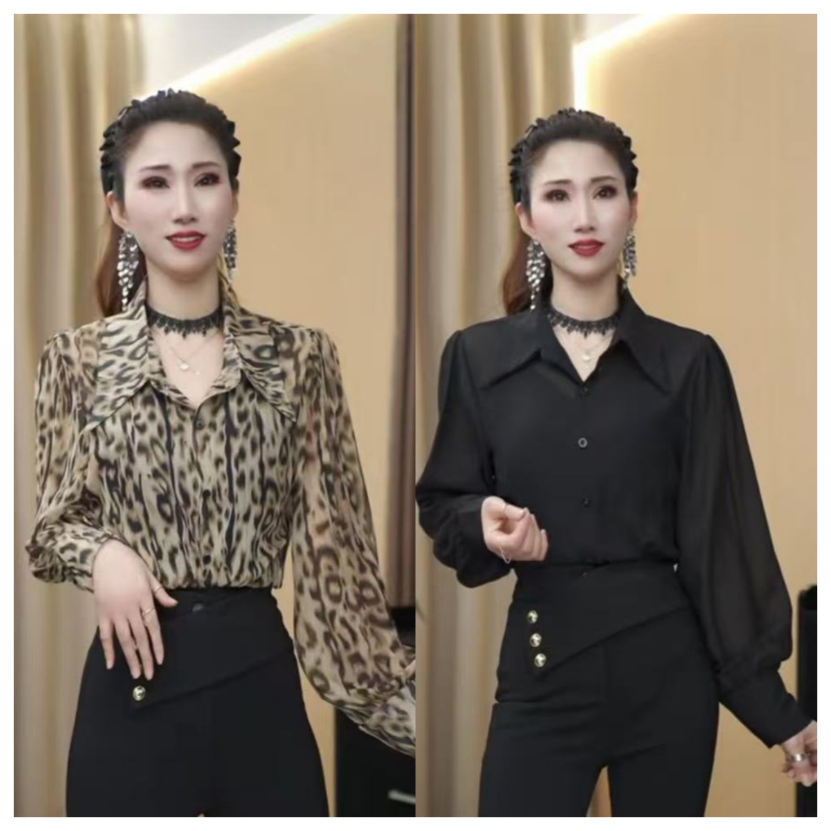 蜜妍蝉-长袖豹纹薄款POLO领夏季衬衫设计感衬衣百搭打底印花
