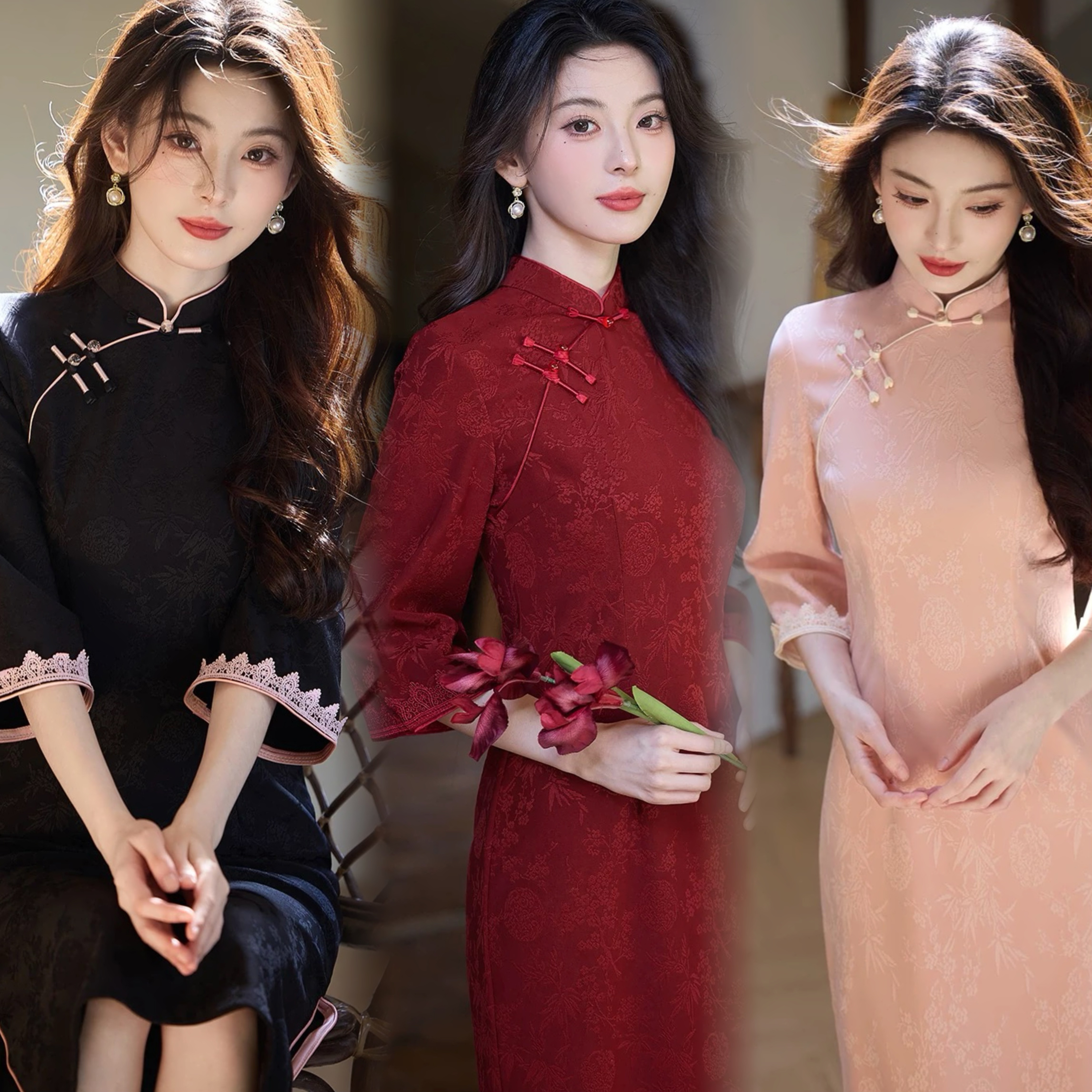 旗袍国风新中式改良复古提花弹力显瘦连衣裙敬酒服婚宴装喜婆婆女