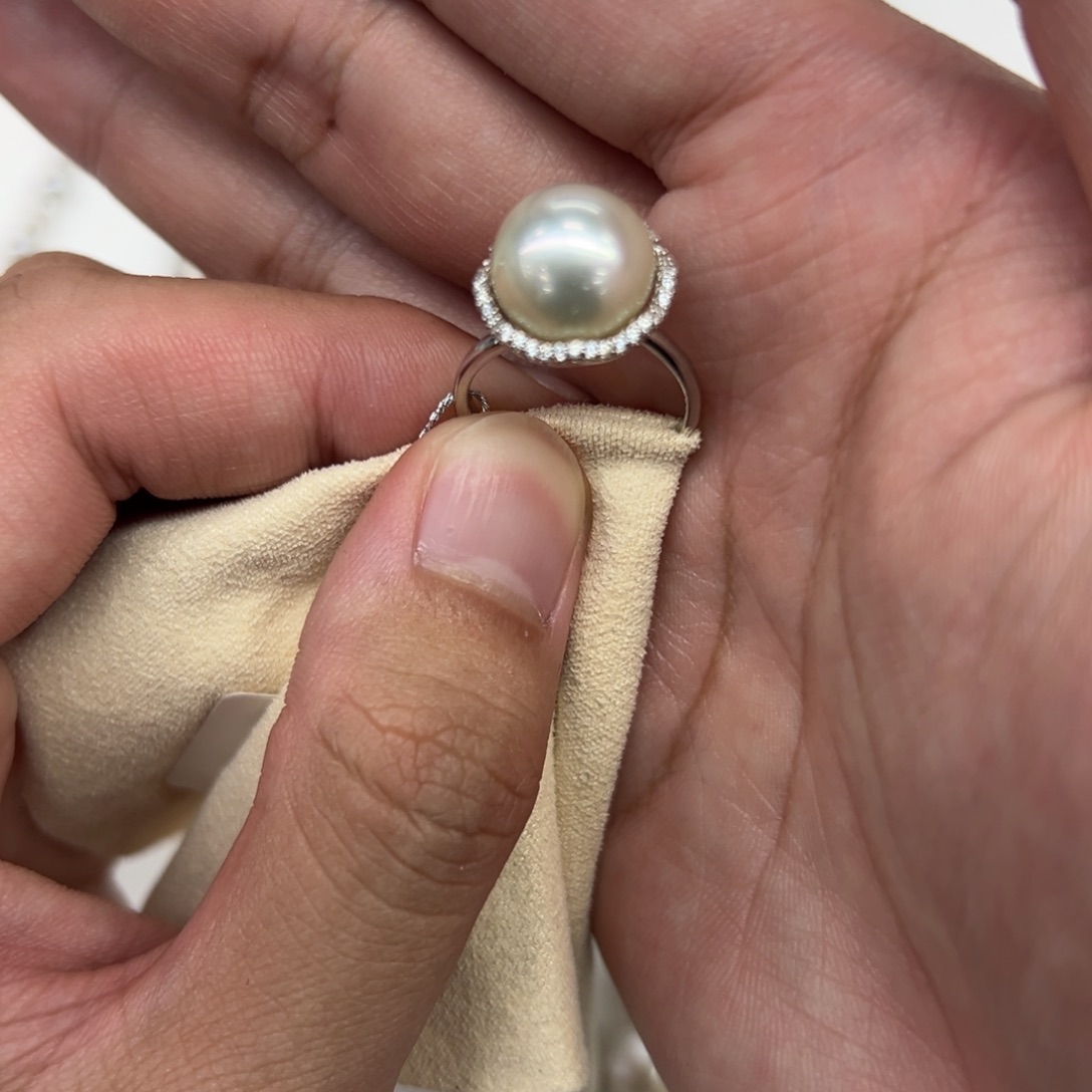 银S925镶嵌戒指海水珍珠11-12mm金珠干枯玫瑰戒指