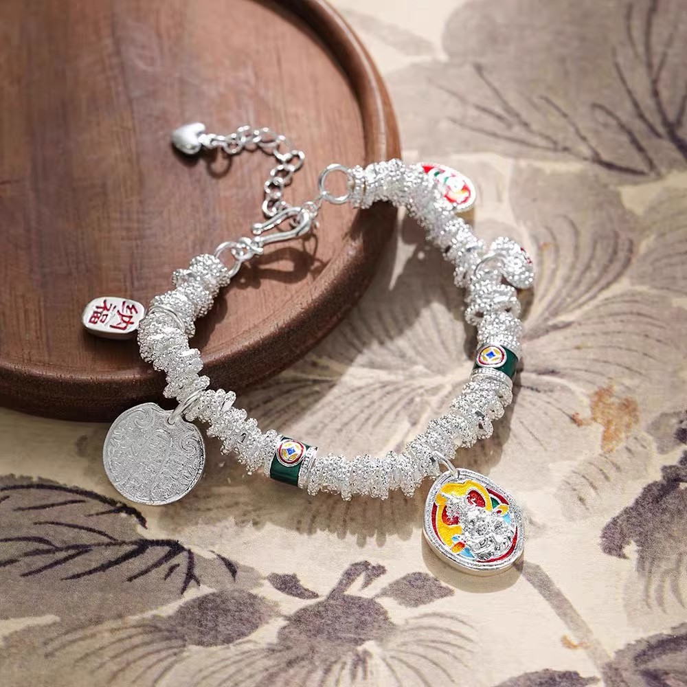 足银手链 足银999盘缠手链珐琅五路财神手串福牌好运新中式国风女
