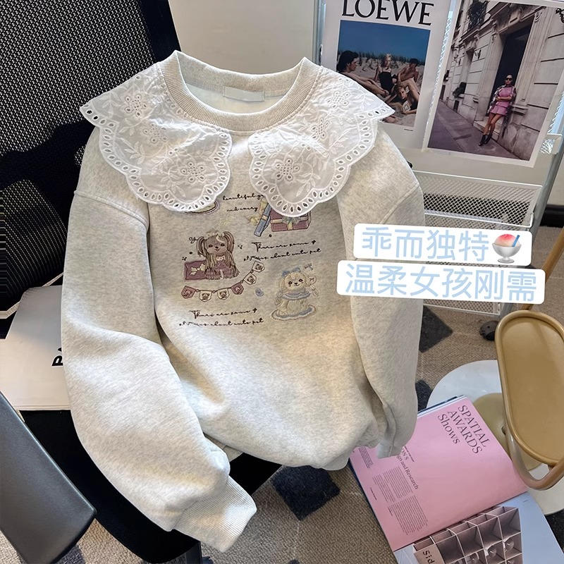 女童秋冬装卫衣上衣2025女孩娃娃领洋气加绒加厚外套打底衫上衣