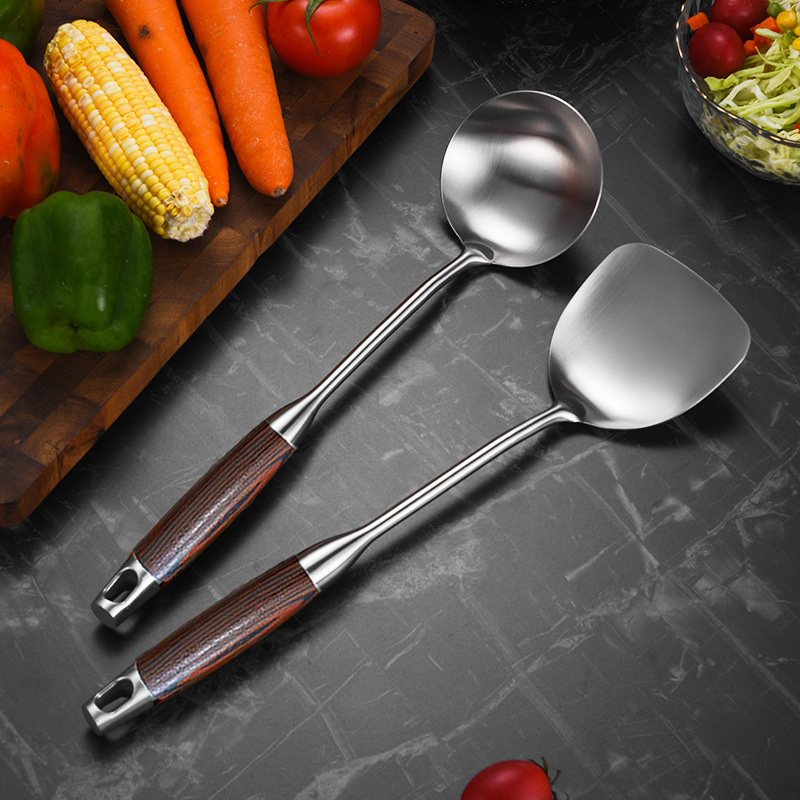 锅铲不锈钢锅铲炒菜勺专业炒菜铲子家用木把煎铲炒勺炒铲锅铲子