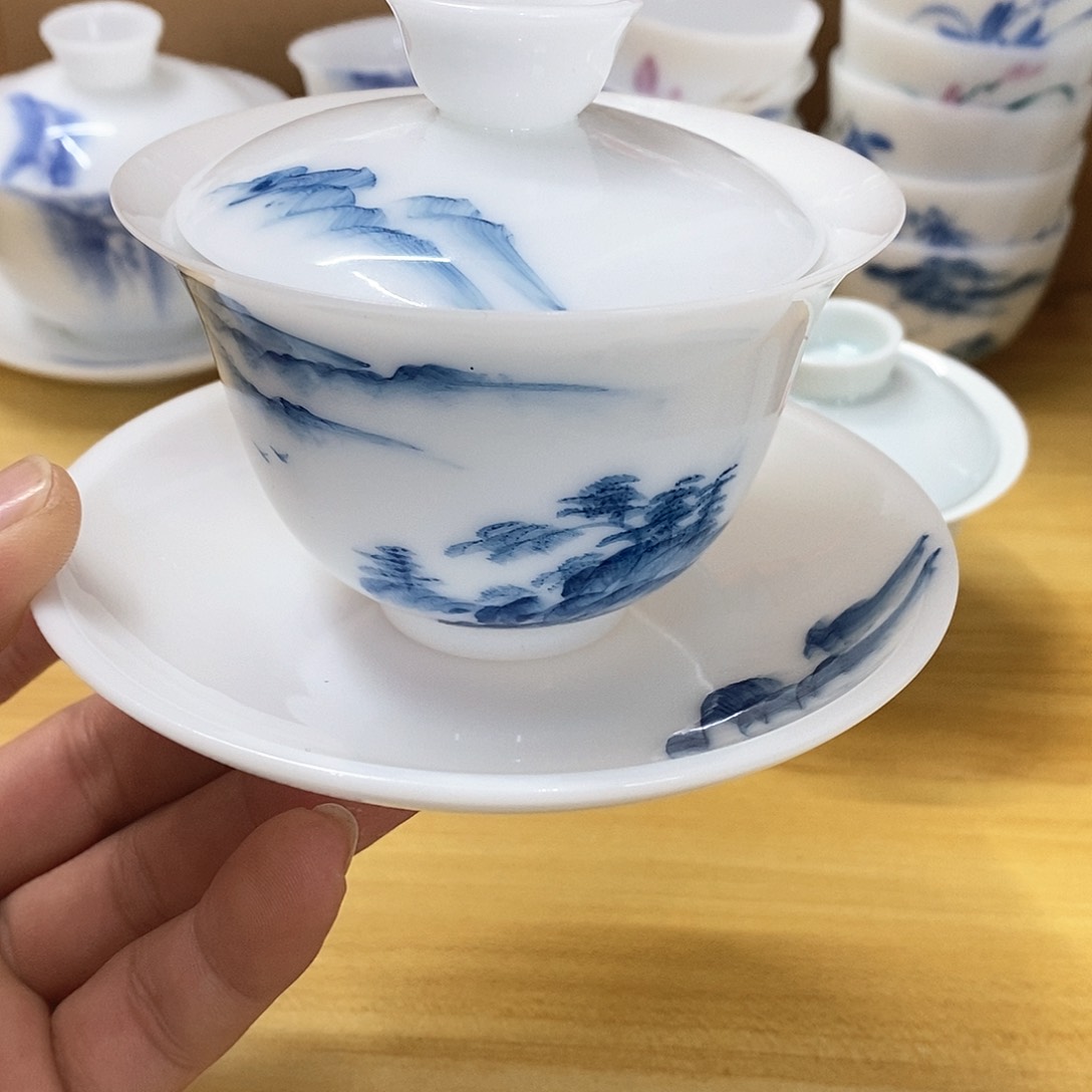 冰种玉瓷手绘盖碗（瑕）140