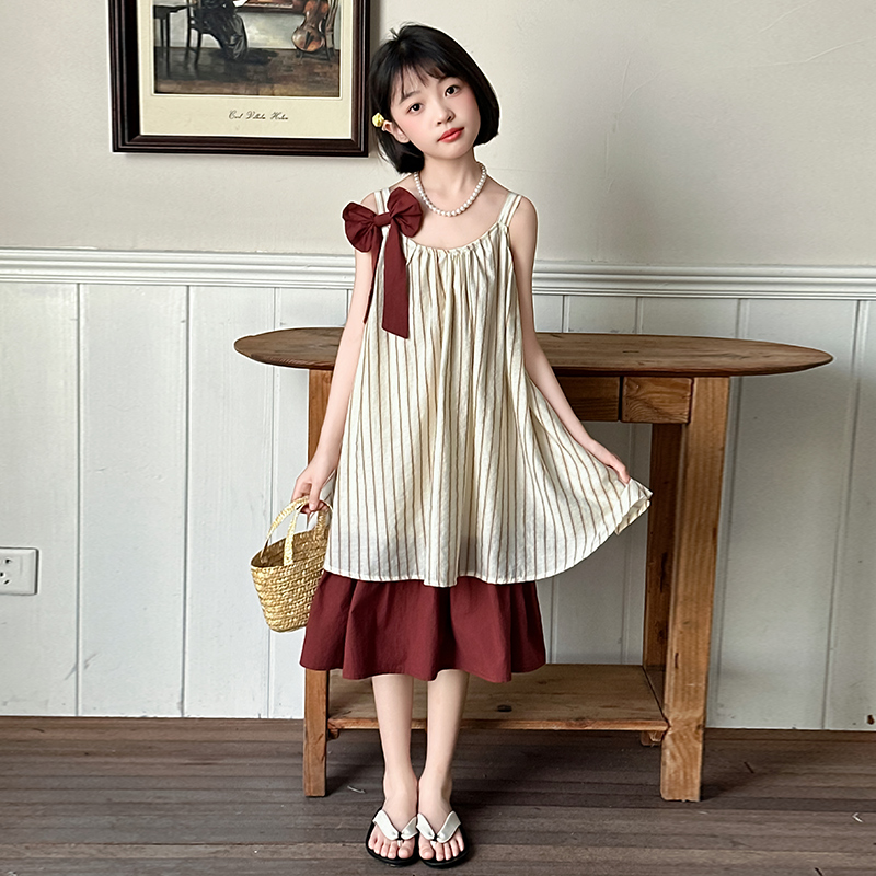 2025夏季新款女童中大童洋气时尚条纹背心吊带裙女大童休闲连衣裙