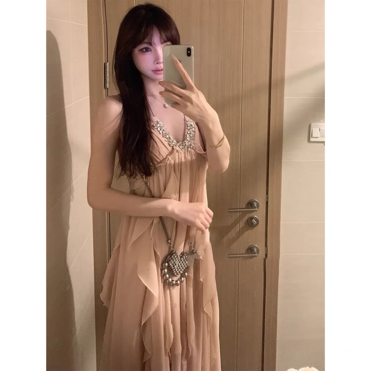 丛林仙子仙女度假裙夏季法式氛围感挂脖深V露背连衣裙长裙子
