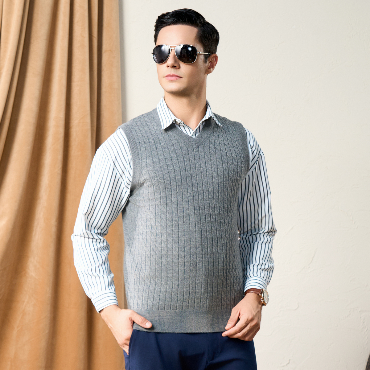 【男士精品】春竹25秋冬商务保暖绞花V领高端毛衣背心羊毛上衣马甲