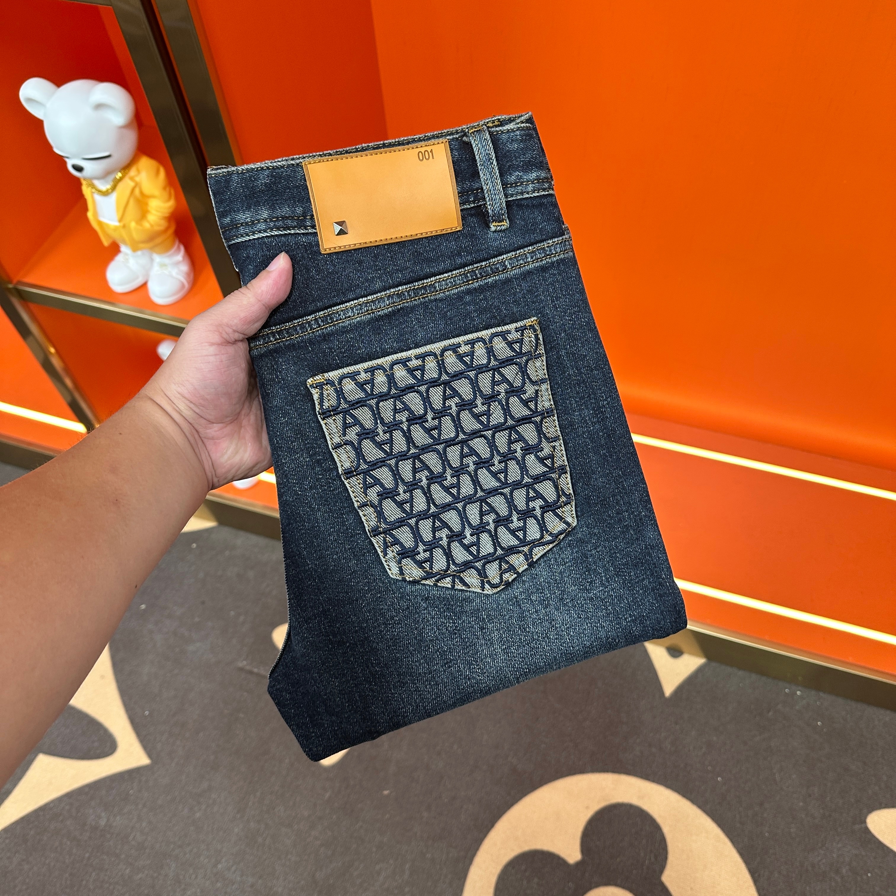 【MS欧品】秋冬新款宝马蓝男士中腰直筒牛仔裤刺绣时尚百搭男长裤子