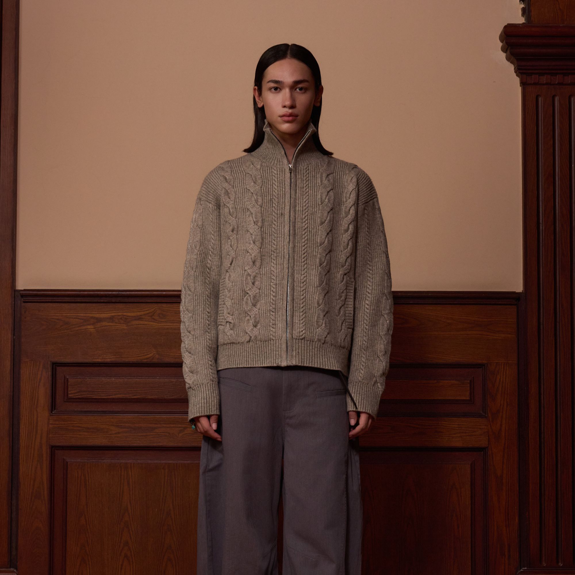 LoQueSiento[STAGE：3]重磅粗针羊毛混纺绞花工艺拉链毛衣