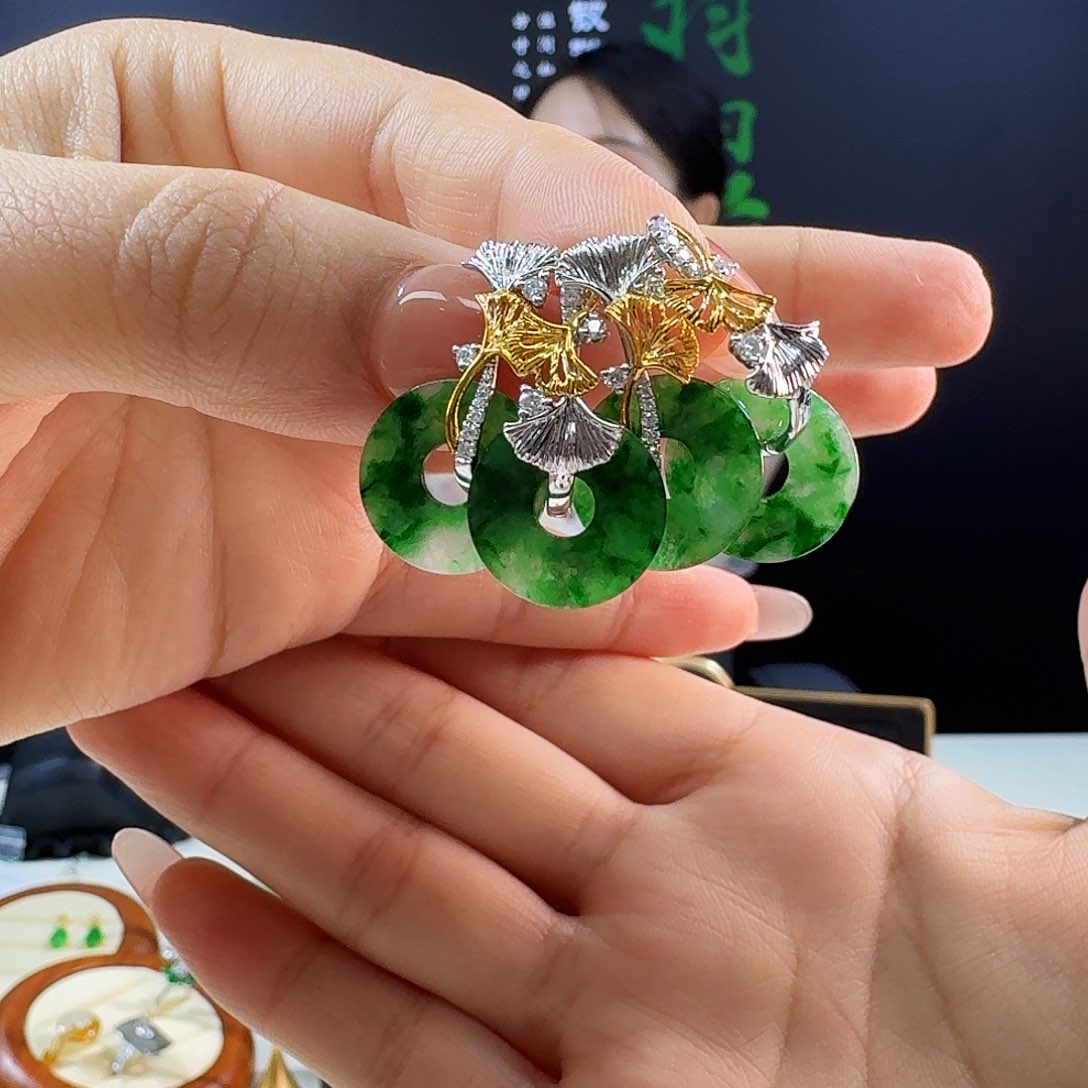 翡翠18K金镶嵌耳饰多样性发货发其一发一对18k镶嵌