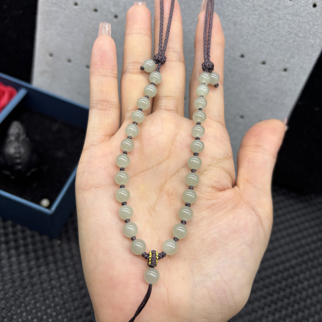福利天然和田玉青白圆珠6mm手工编织项链男女挂坠挂件绳可调节款