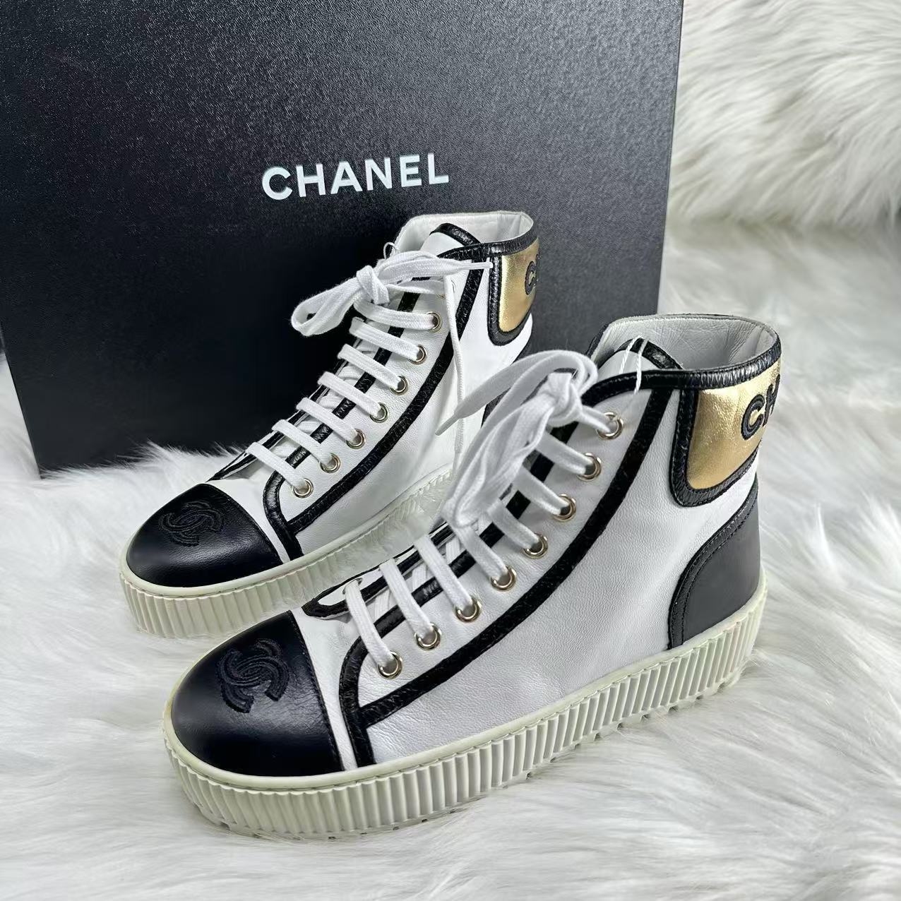 99新 Chanel/香奈儿 36码/Seven女鞋/黑白金标高帮厚底饼干鞋 782