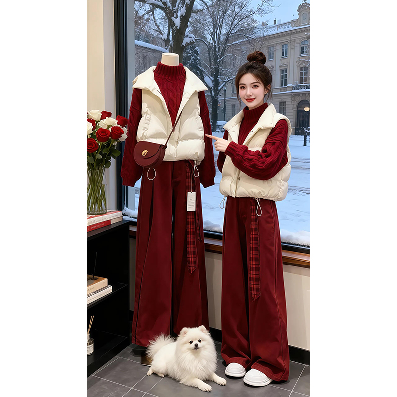 冬季穿搭套装女红色氛围感宽松针织毛衣马甲阔腿裤三件套保暖休闲