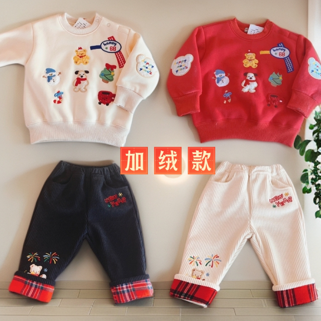 日系卡通雪人动物精湛卫衣 儿童加绒保暖烟花裤子 宝宝加绒拜年服