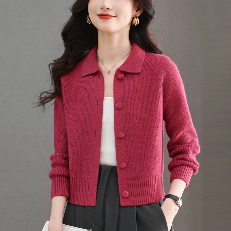 翻领针织开衫女春秋短款高腰毛衣小外套配裙子针织外搭上衣