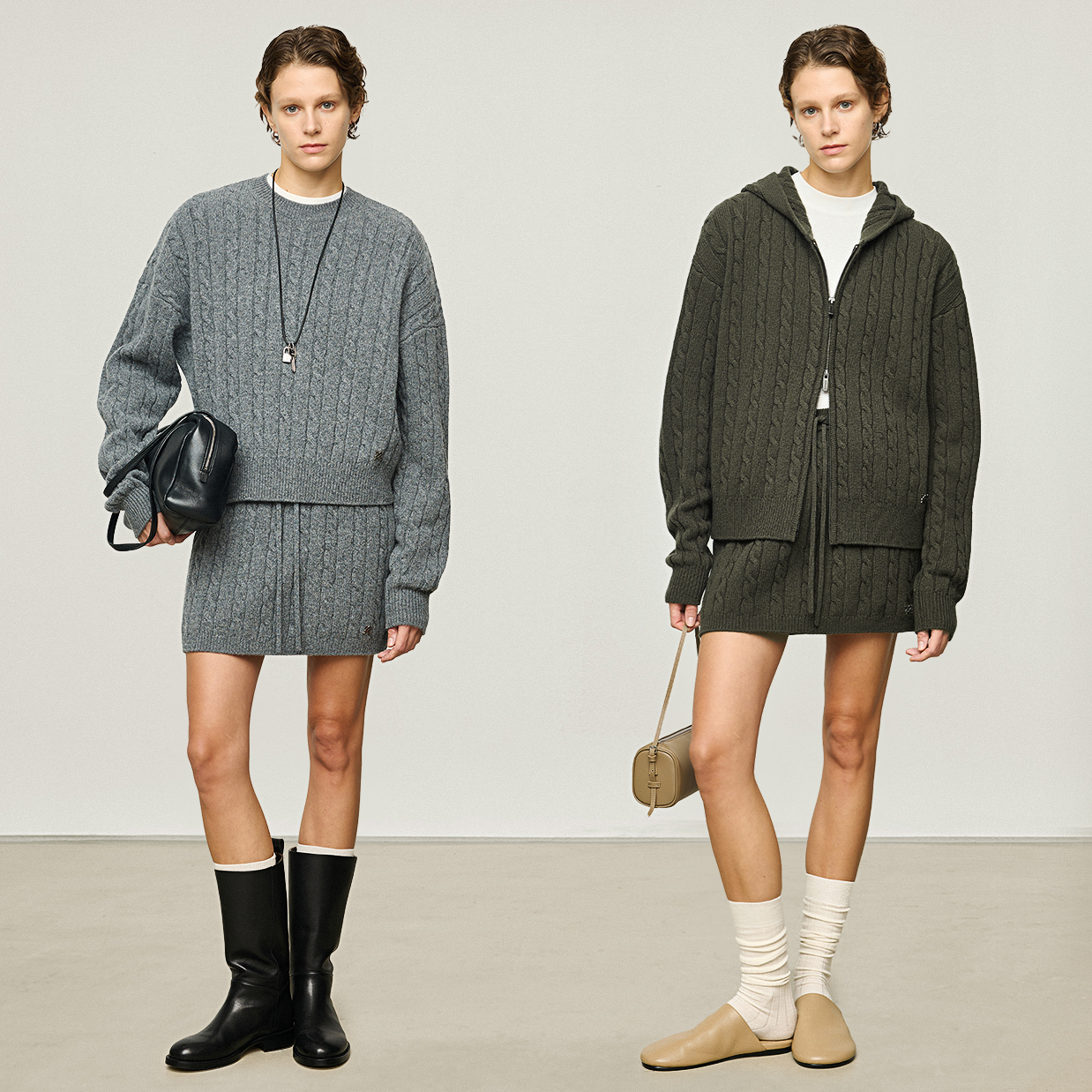 KEIGAN/开间经典绞花三件套卫衣短款连帽拉链开衫裙裤