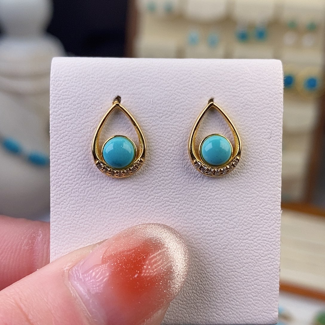 绿松石耳钉银S925镶嵌