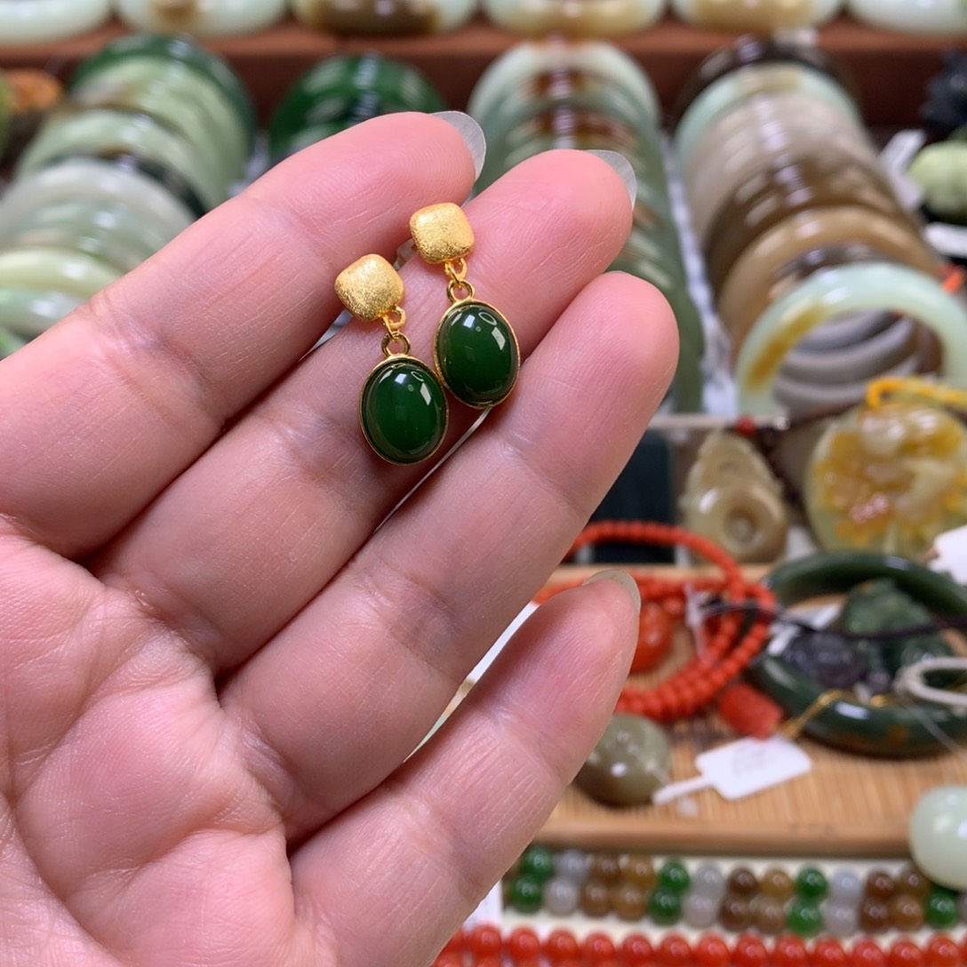 和田玉（碧玉）银S925镶嵌耳饰