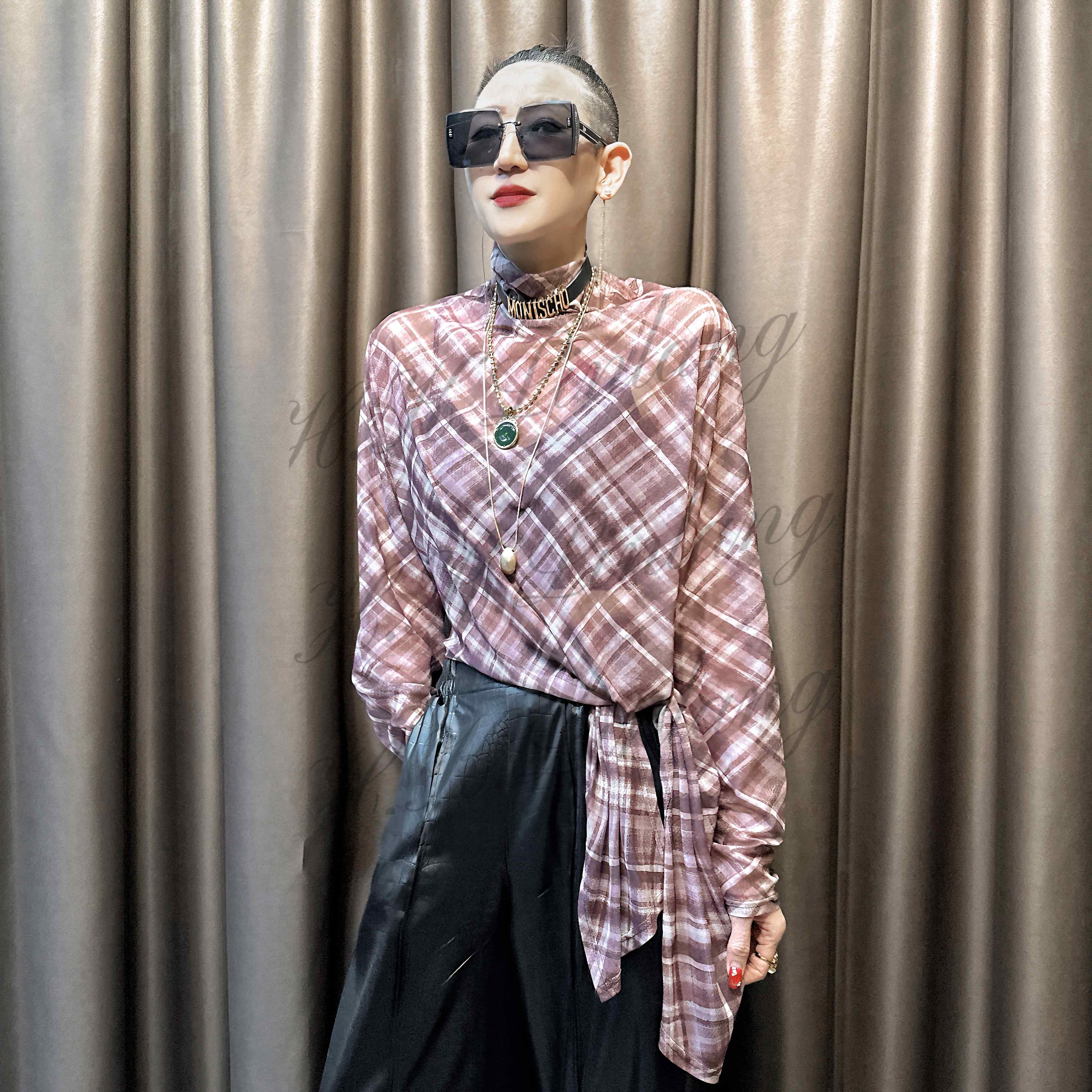 宝藏轻奢长袖百搭早秋款时尚复古格子百搭网纱打底衫 2556#